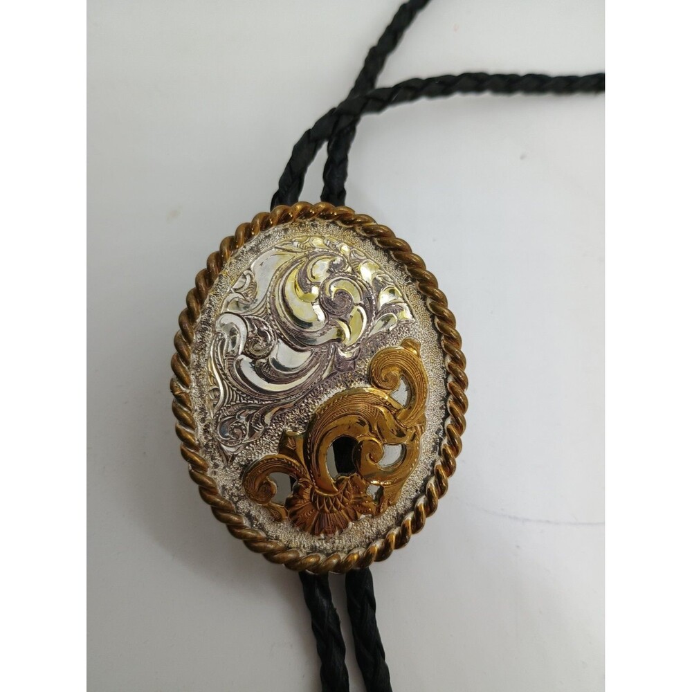 Crumrine Bolo Tie Silver Plate w/Gold Tone Overlay Leather Cord Metal Tips